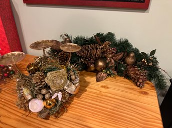 2 Piece Christmas - 3 Candle Holder And Pine Cone & Greens Swag