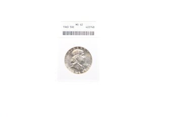 1963 Anacs Ms 62 Franklin Silver Half Dollar