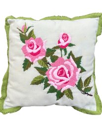 Handmade Rose Pillow - Embroidered With Green Fringe