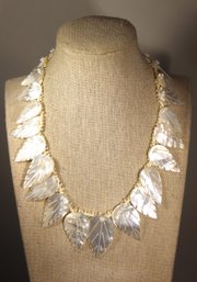 Vintage Fine Hand Carved Leaf Necklace Mother Of Pearl 16'
