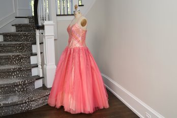 Terani Pink Orange  Diagonal Stripe Beaded Tulle Gown With Tulle Skirt