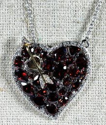 Fine Contemporary Sterling Silver Garnet & Diamond Heart & Arrow Necklace