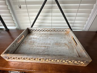 Decorative Wood Tray With Handles And Distressed Silver Finish