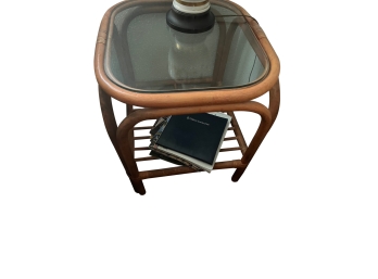 Pair Of Rattan Wrapped Bentwood Glass Top End Tables