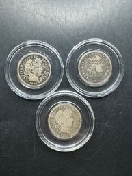 3 Barber Silver Dimes 1898, 1899, 1900