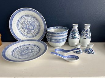 Chinese Blue & White Rice Grain Pattern Porcelain Dragon Plates, Bowls, Spoons Plus