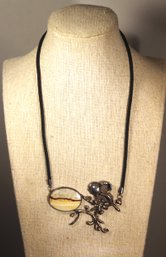 Fine Studio Artisan Brutalist Sterling Silver Petrified Wood Leather Necklace