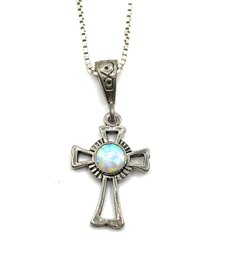 Vintage Italian Sterling Silver Chain With Opal Color Stone Ornate Cross Pendant