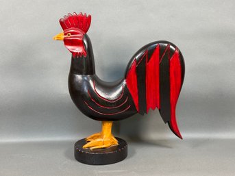 A Fun, Hand-Crafted Wooden Rooster In Black & Red