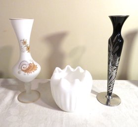 Trio Of Vases Bristol Fenton And Silver Overlay Bud Vase