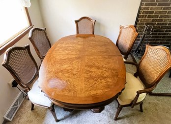White Furniture Co. Dining Room Set With Marquetry Double Pedestal Table, Five Chairs And Two Leaves