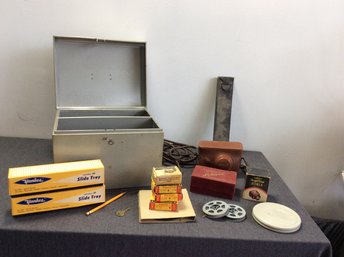 Vintage Camera Lot In Tan Metal Lock Box