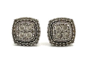 Vintage Sterling Silver Clear Stones Square Stud Earrings