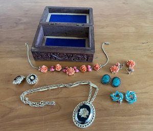Vintage Costume Jewelry Featuring Faux Coral & Jade Carved Jewelry