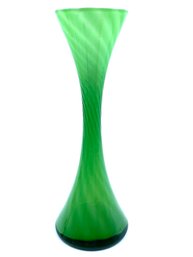 Thin Hand-blown Waisted Green Swirled Bud Vase W/ White Interior