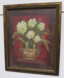 A Framed Still Life Print Of Flowers By Joyce Combs Deep Claret/burgundy In A Bronze Hued Frame