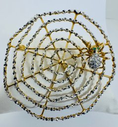 GOLD AND SILVER TONE SPIDER WEB WITH RHINESTONE SPIDER BROOCH