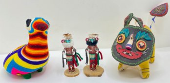 2 Mexican Folk Art Figurines & 2 Native American Kachina Dolls