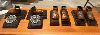 2 Sets Of Vintage Bronze Baby Shoe Plated Bookends Set Of Antique Pair Of Bronzed  Baby Shoes With Candy Dish