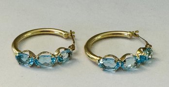 PRETTY 14K GOLD BLUE TOPAZ HOOP EARRINGS