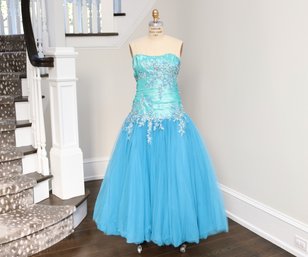 Alyce Designs Turquoise Ball Gown With Floral Beading