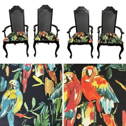 Four Refinished Black Double Cane Armchairs With Parrot Upholstery