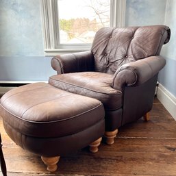 A Classic Oversized Leather Arm Chair And Ottoman By International