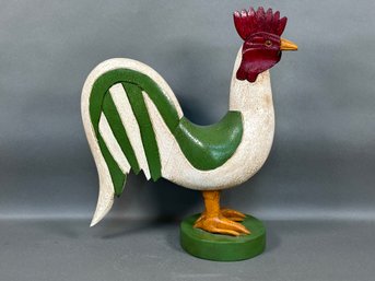 A Fun, Hand-Crafted Wooden Rooster In Green & White