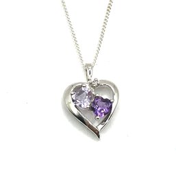 Vintage Sterling Silver Amethyst Color And Clear Stone Heart Pendant Necklace