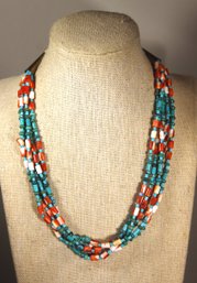 Native American Southwestern Multi Strand Necklace Coral & Turquoise & Silver