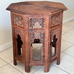 An Antique Moroccan Brass Inlay And Carved Hard Wood Octagonal Occasional Table