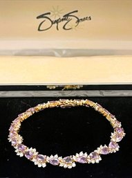 Vintage Suzanne Somers 925 Silver, Gold Vermeil Amethyst And CZ Bracelet- 7.5 Inches