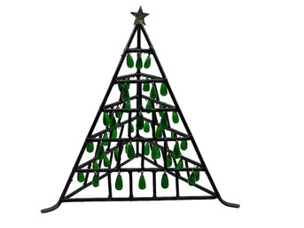 10 Inch Tall Christmas Tree Of Black Metal With Hanging Green Glass Beads, Extra Beads Included