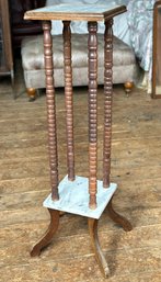 Vintage Two Tier Wood Marble Top Turned Spindle Legs Display Stand