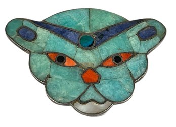 Vintage Mexican Sterling Silver Stone Inlay Cat Face Brooch