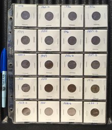 Vintage U.s. Lincoln 1 Cent Penny Collection Sheet With 20 Mounted Pennies 1936 - 1963