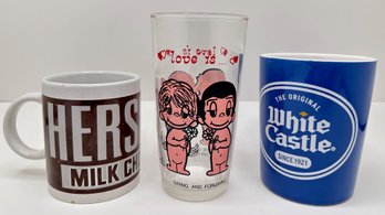 Vintage 1970s Kim Casali Love Is Tumbler Glass, Vintage Hershey's & White Castle Mugs