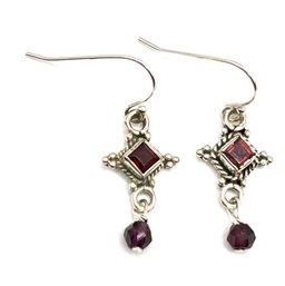 Vintage Sterling Silver Garnet Stone With Burgundy Beads Dangle Earrings