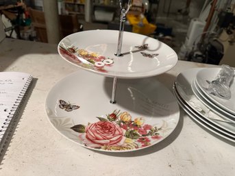 Set Of 4 Matching 2 Tiered Serving Plates - Jardin Rose Pattern