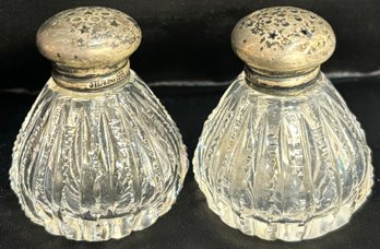 Antique Glass S&P Shakers With Sterling Silver Tops