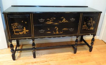 Fantastic Asian Black Lacquered Buffet Or Server W/gilt Decorated Scenes Pagoda, People, Trees & Glass Top