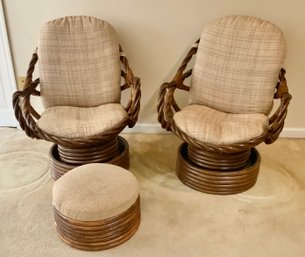 2 Vintage Mid Century Rattan Swivel Chairs With One Ottoman