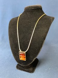 Sterling Silver Necklace With  Amber Pendant