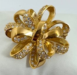 DESIGNER ROMAN GOLD TONE RHINESTONE BOW BROOCH