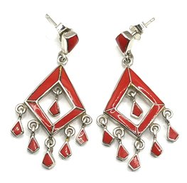 Vintage Sterling Silver Red Inlay Fringe Dangle Earrings