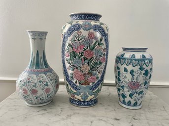 Three Large Decorative Pastel Floral Decorated Asian Vases