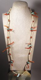 Vintage Southwestern Shell, Branch Coral And Turquoise Beaded Necklace 28'