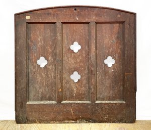 A Large Antique Paneled Oak Church Pew Side - Decorative Wall Panel With Clover Cutouts