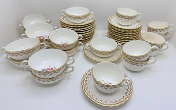 Vintage Derby China: 24 Saucers In 2 Sizes, 12 Soup Bowls, 8 Tea Cups,  With Appraisal, Matches Lot 1