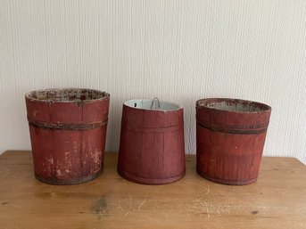 Lot Of 3 Antique Primitive New England Old Brick Red Wooden Stave Sap Buckets